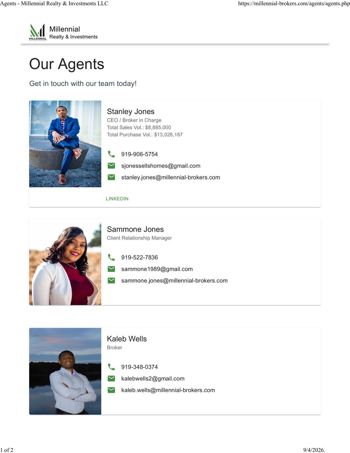 The first of two sheets capturing the agents page at millennial-brokers.com. Under the heading Our Agents are cards for Stanley Jones, CEO and Broker in Charge; Sammone Jones, Client Relationship Manager; and Kaleb Wells, Broker. Each card carries a telephone number and two email addresses. The card naming Easton Horner as Co-Founder and CTO is on the second sheet. The header carries the page URL and the footer reads 9/4/2026.