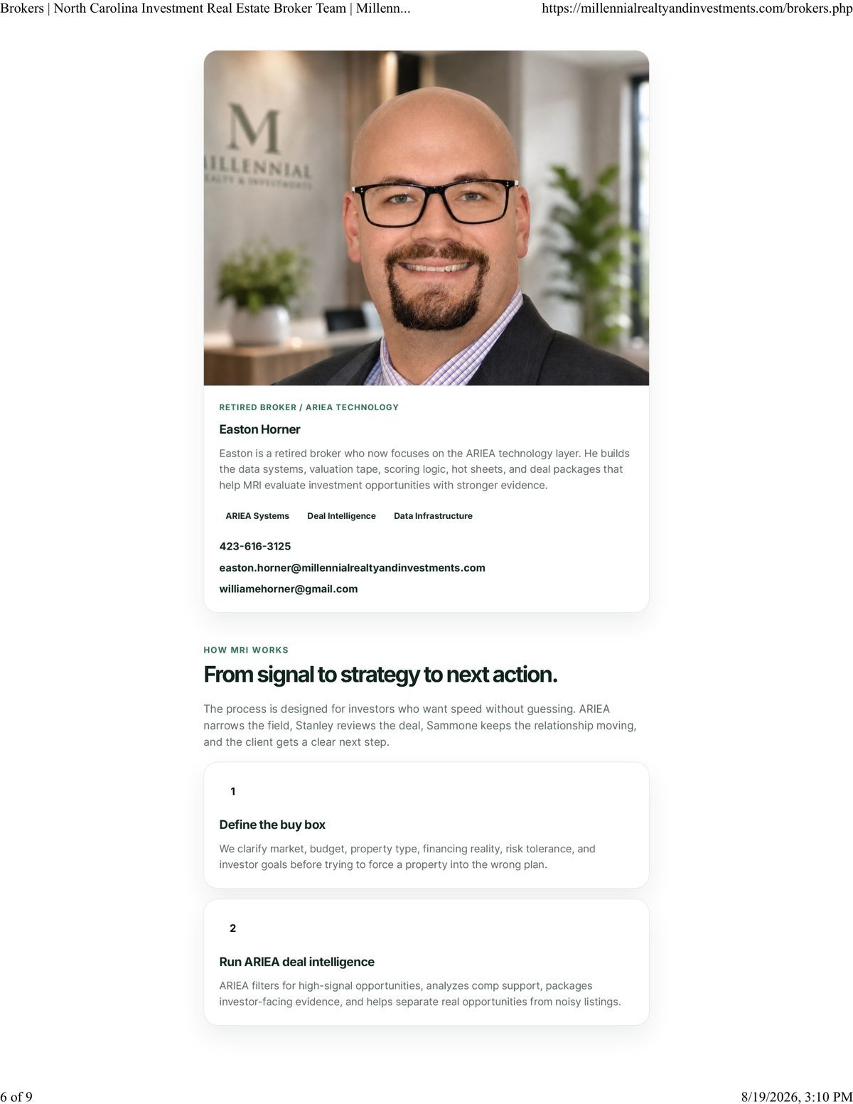 A printed capture of the Millennial Realty and Investments brokers page. A photograph of William Easton Horner sits above a card headed RETIRED BROKER / ARIEA TECHNOLOGY, naming him Easton Horner and describing him as a retired broker who builds the firm&rsquo;s data systems. Beneath it are a telephone number and two email addresses, one of them williamehorner@gmail.com. The header carries the page URL and the footer reads 8/19/2026, 3:10 PM.